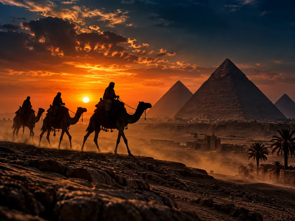 Camel riders in silhouette against the pyramids at sunset