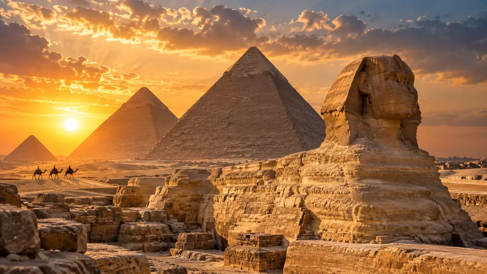 Great Sphinx and the pyramids of Giza at golden hour with a camel caravan