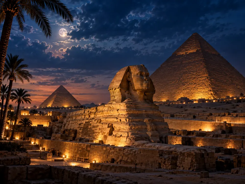 The Sphinx and the pyramids under a full moon