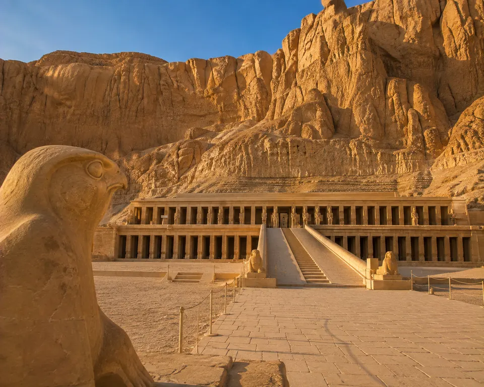 Temple of Hatshepsut at Deir el-Bahari in golden light with a Horus falcon statue
